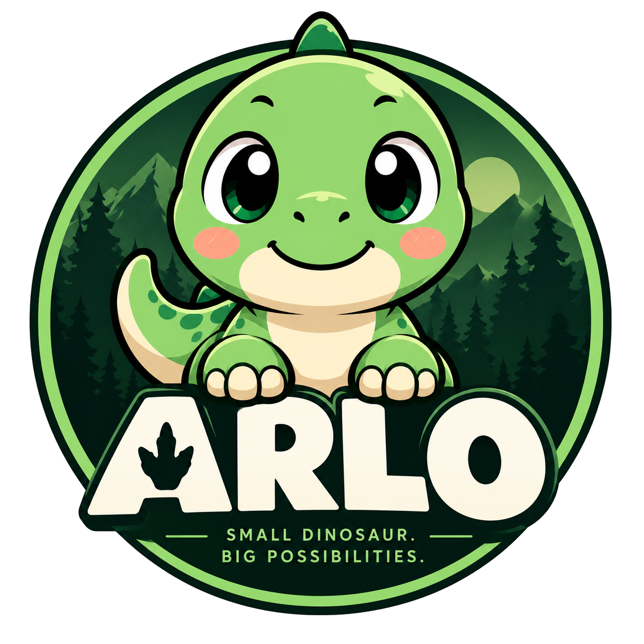 Arlo, the smiling green baby dinosaur. Small dinosaur. Big possibilities.