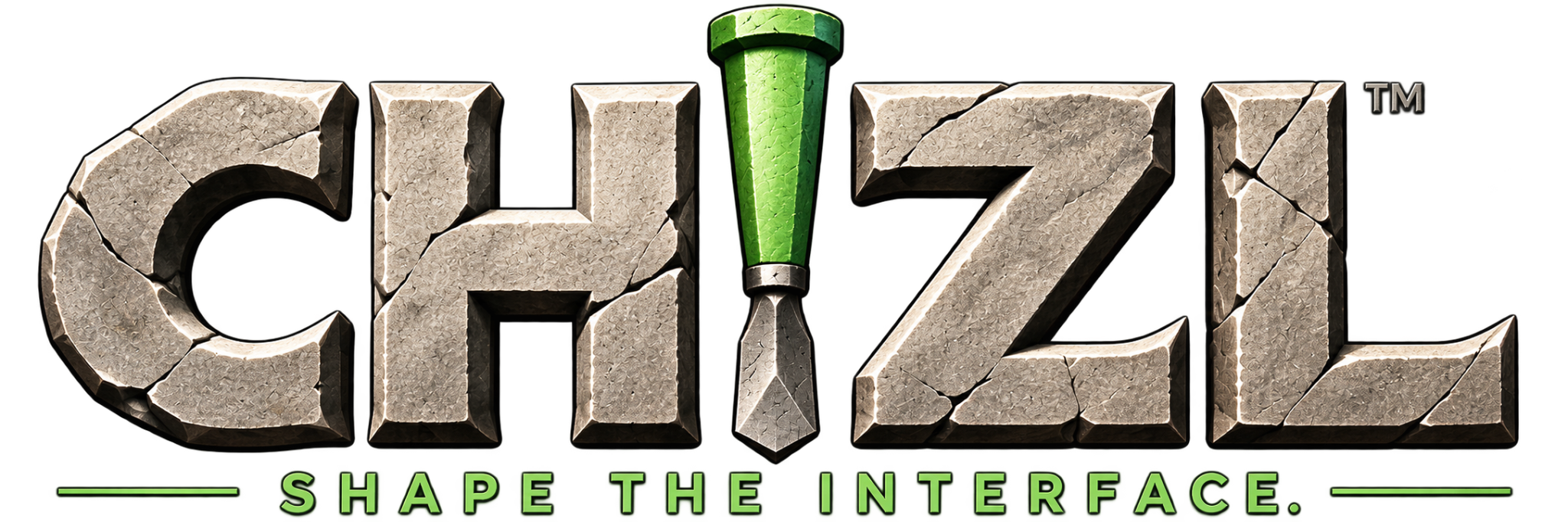Chizl stone logo with a green chisel as the I. Shape the Interface.